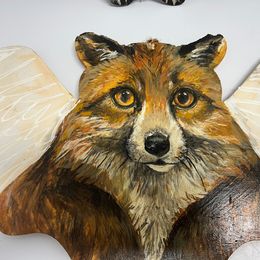 Christmas Outdoor Indoor Decorations Artist Made Set of 2 Handpainted Wood Bear and Fox