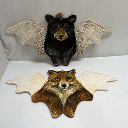 Christmas Outdoor Indoor Decorations Artist Made Set of 2 Handpainted Wood Bear and Fox