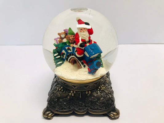 Christmas Ornaments Large Musical Snow Globe With Santa and his Elf on The Christmas Train Express Like New 9x7" Heavy and Well Made