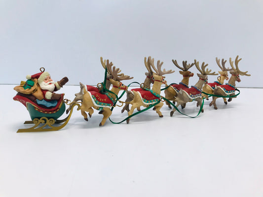 Christmas Ornaments Santa and His Team Of Reindeers 14" long  Genly Used