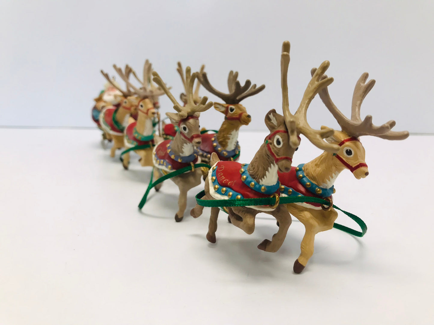 Christmas Ornaments Santa and His Team Of Reindeers 14" long  Genly Used