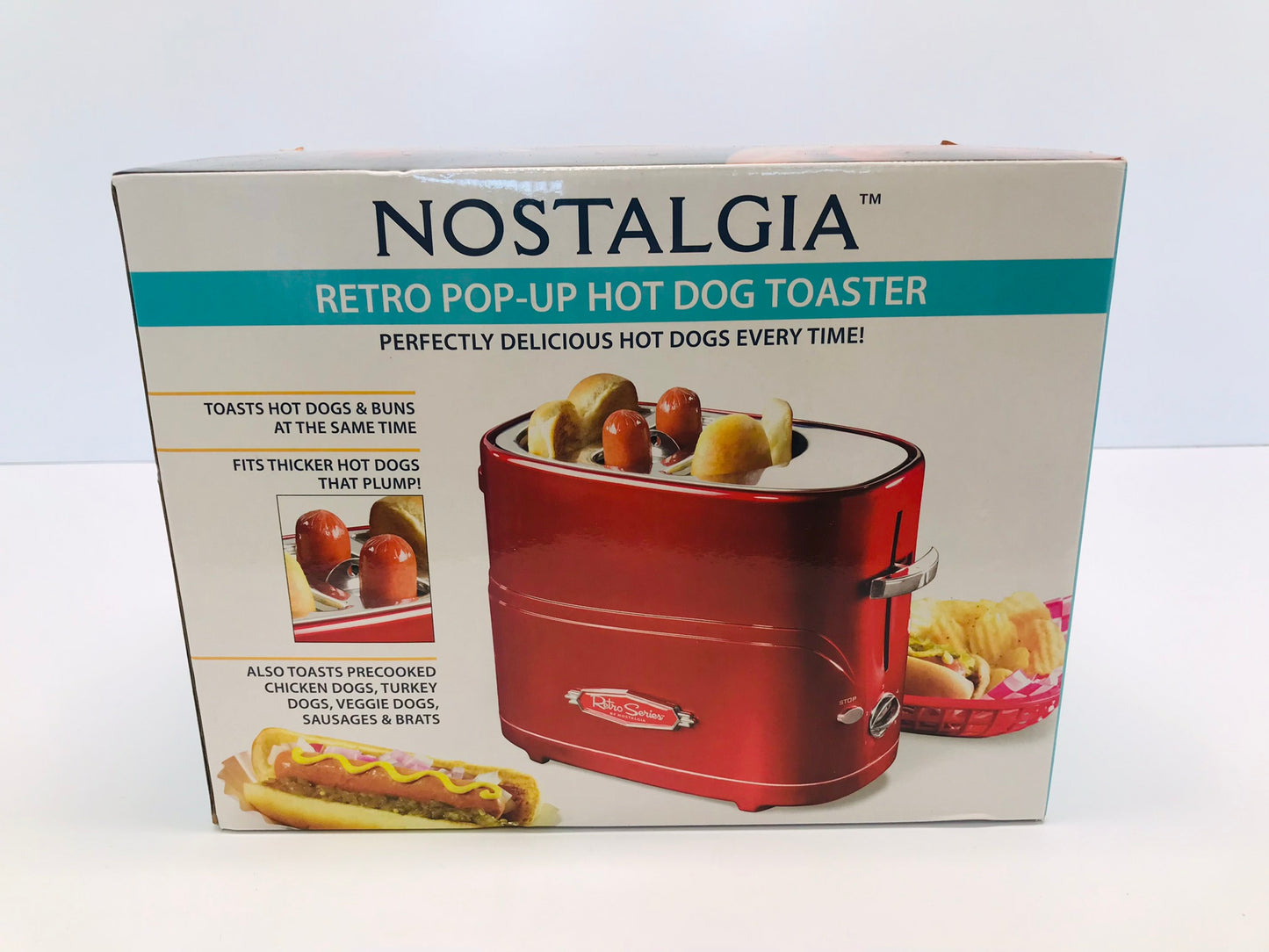 Nostalgia 2 Slot Hot Dog and Bun Toaster with Mini Tongs, Hot Dog Toaster Works with Chicken, Turkey, Veggie Links, Sausages and Brats, Retro Red NEW SEALED