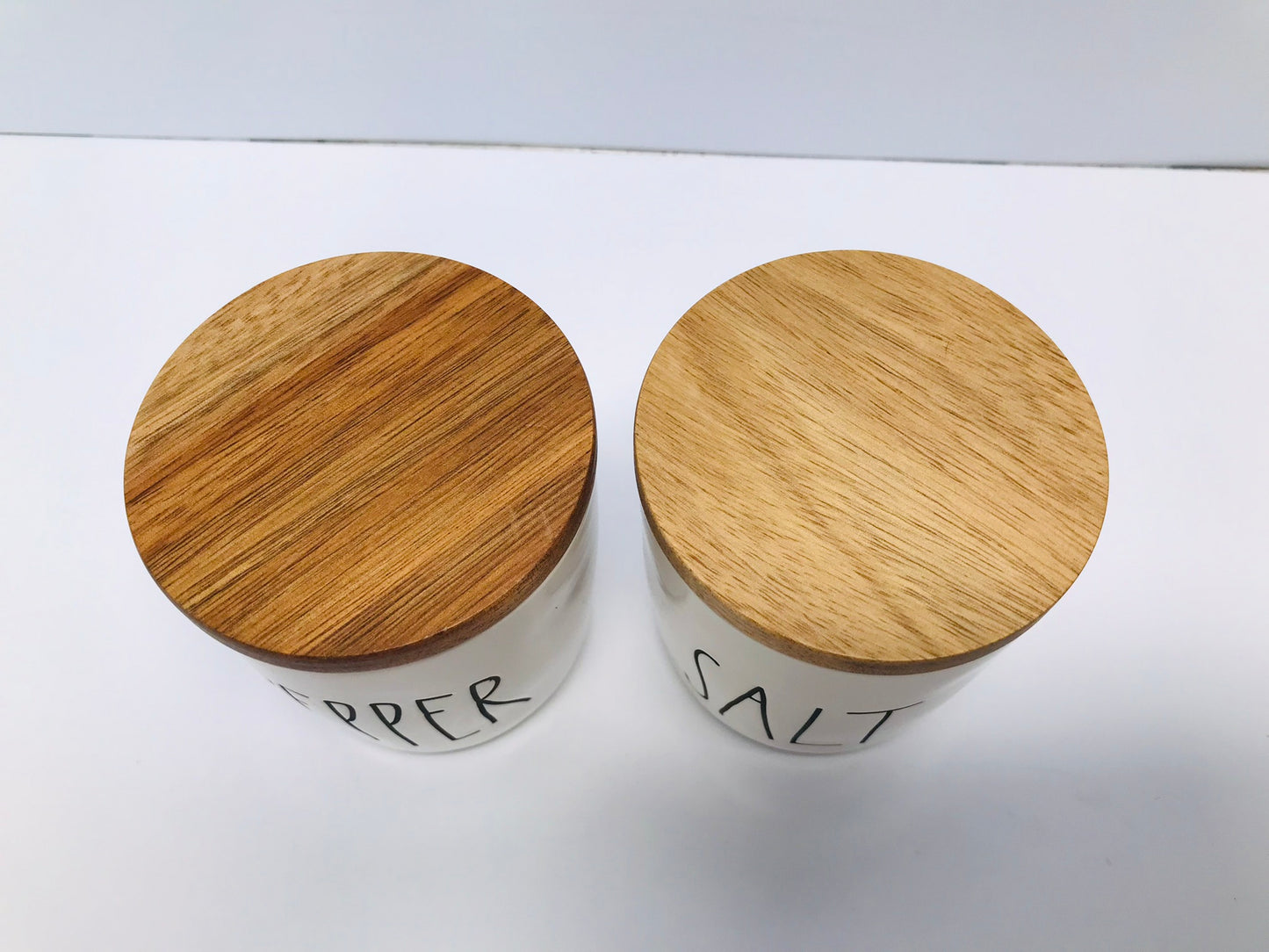 RAE DUNN Kitchen 2 pc Salt Pepper Wood Tops Hold 1 cup