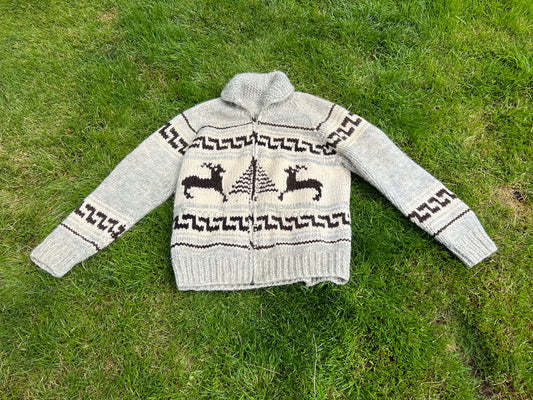 Vintage Rare Men's X-Large Cowichan Native Indigenous 100% Wool Sweater Forest Deer Tree LIke New