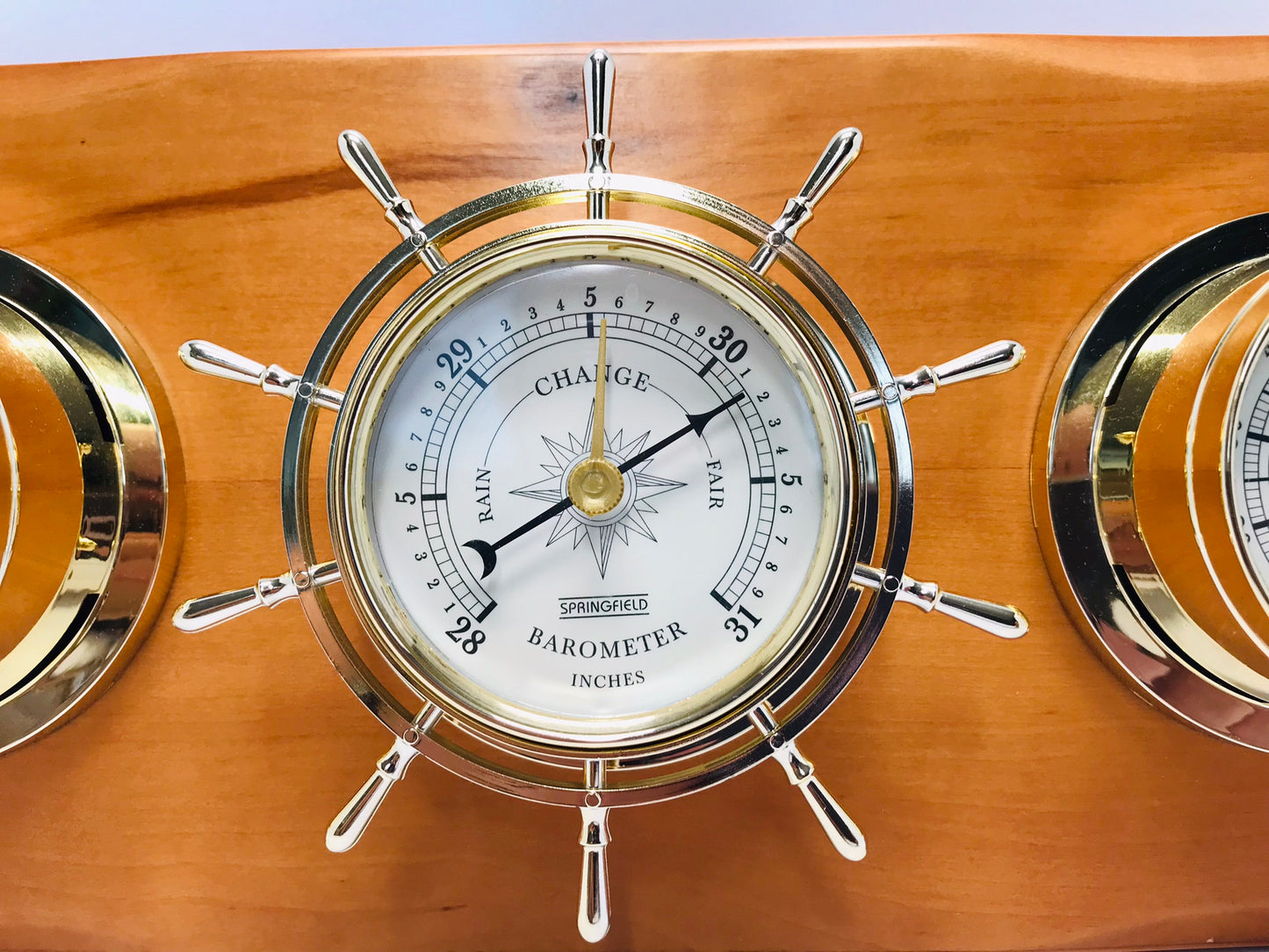 Wall Weater Station Wood Base 16x6 inches Barometer Thermometer Humidity Complete With Lock and Key