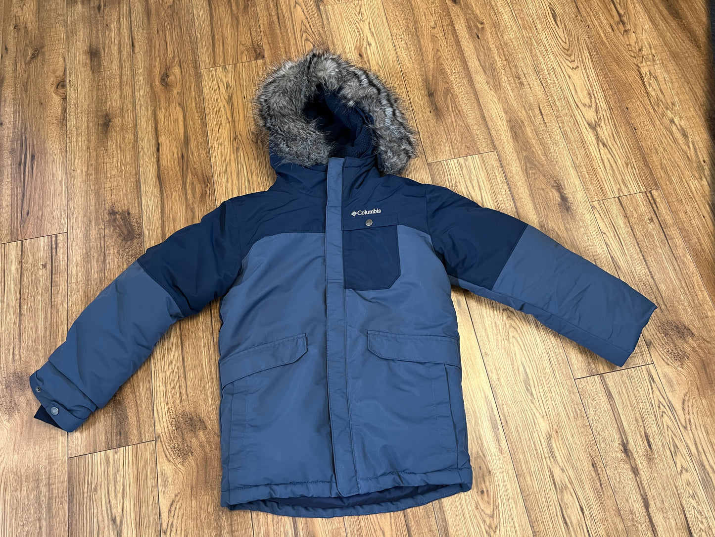 Winter Coat Parka Child Size Large 14-16 Columbia Faux Fur Marine Blue 35