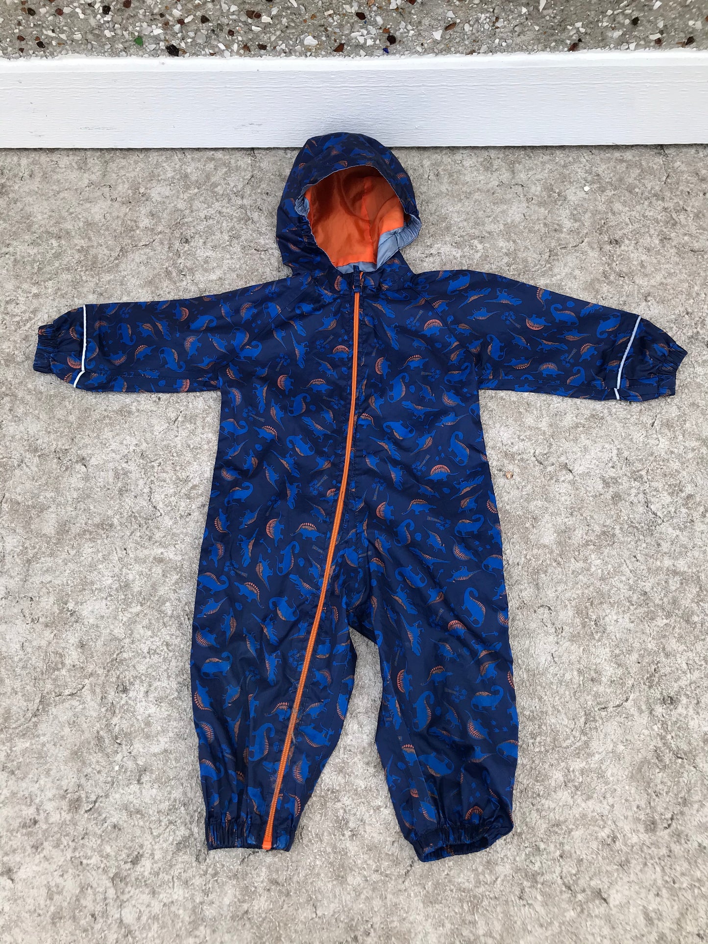 Rain Suit Child Size 12-18 Month Muddy Buddy MTN Warehouse Pants Coat Dinosaurs Blue Orange Excellent