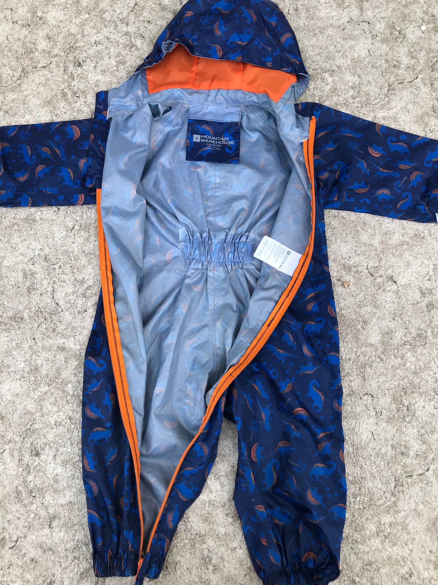 Rain Suit Child Size 12-18 Month Muddy Buddy MTN Warehouse Pants Coat Dinosaurs Blue Orange Excellent