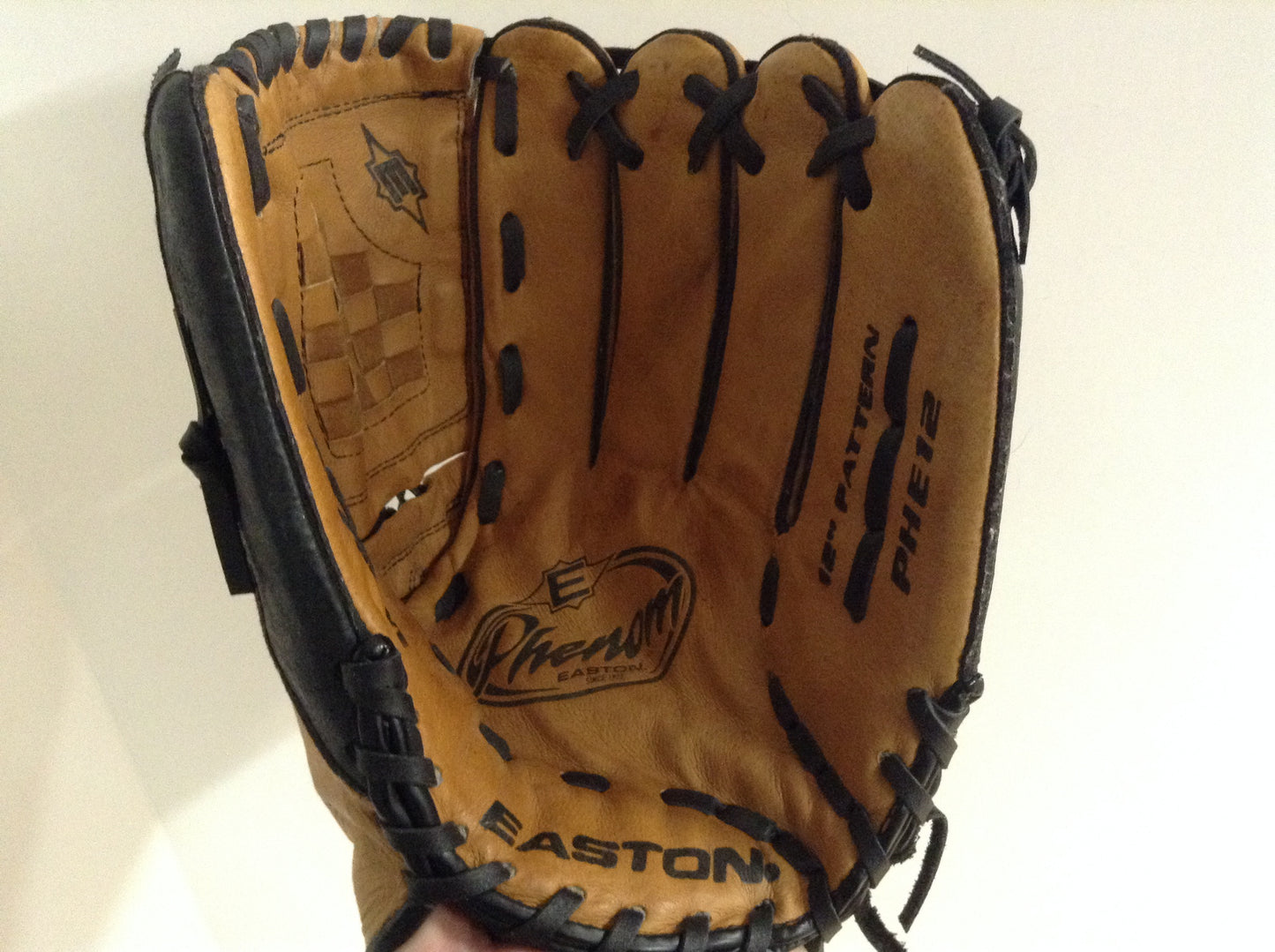 Baseball Glove Adult Size 12 inch Easton Phenom Brown Black Leather Fits on Left Hand As New