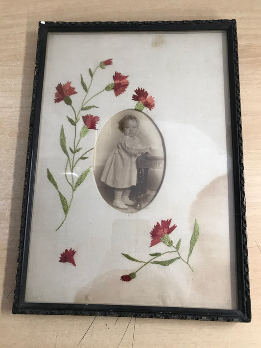 Grandma Attic Antique Picture Needlework and Frame from 1920's Water Mark On Cloth 10 x 13