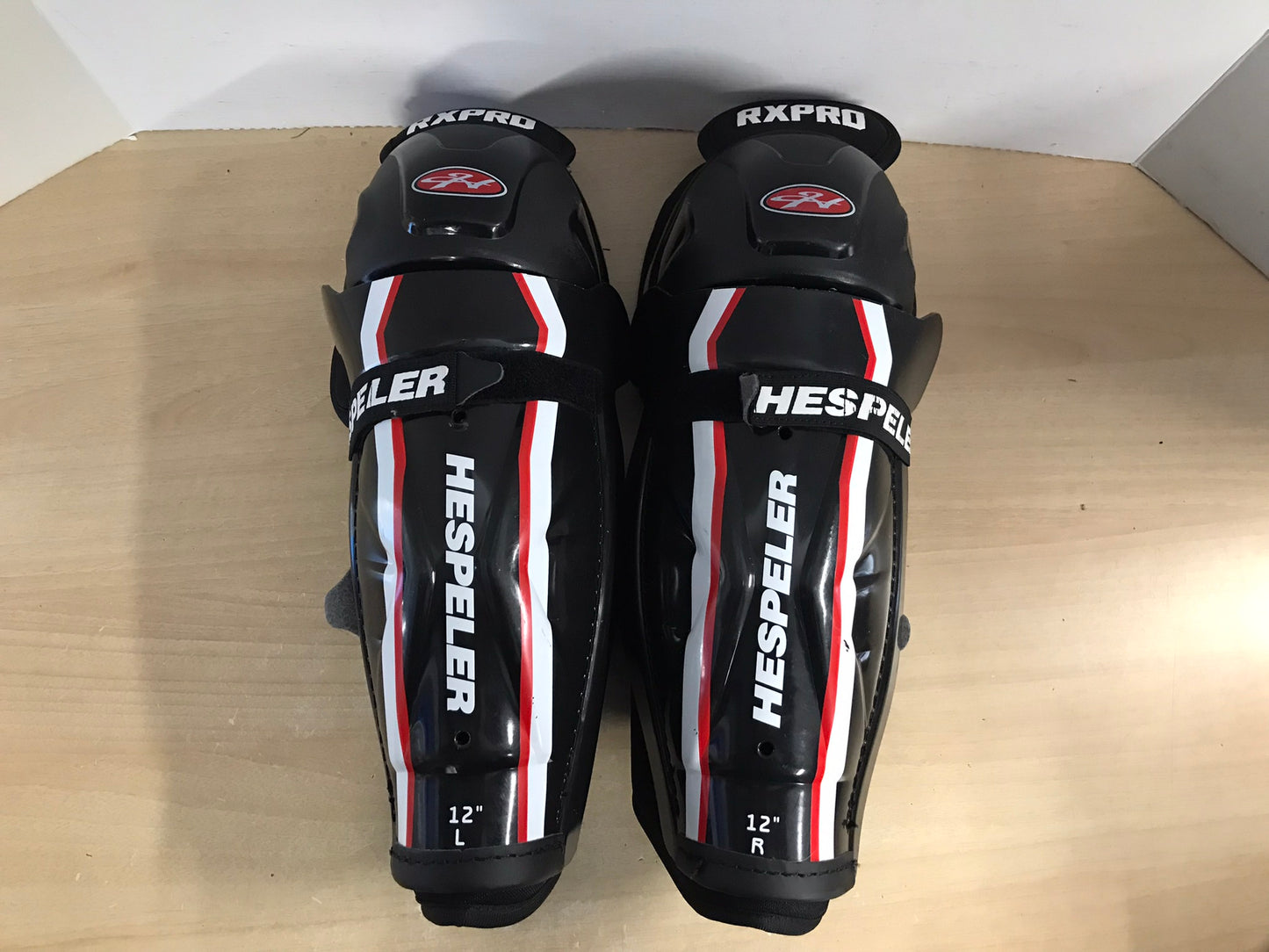 Hockey Shin Pads Child Size 12 inch Hespeler Calf Wrap Black White Red New Demo Model