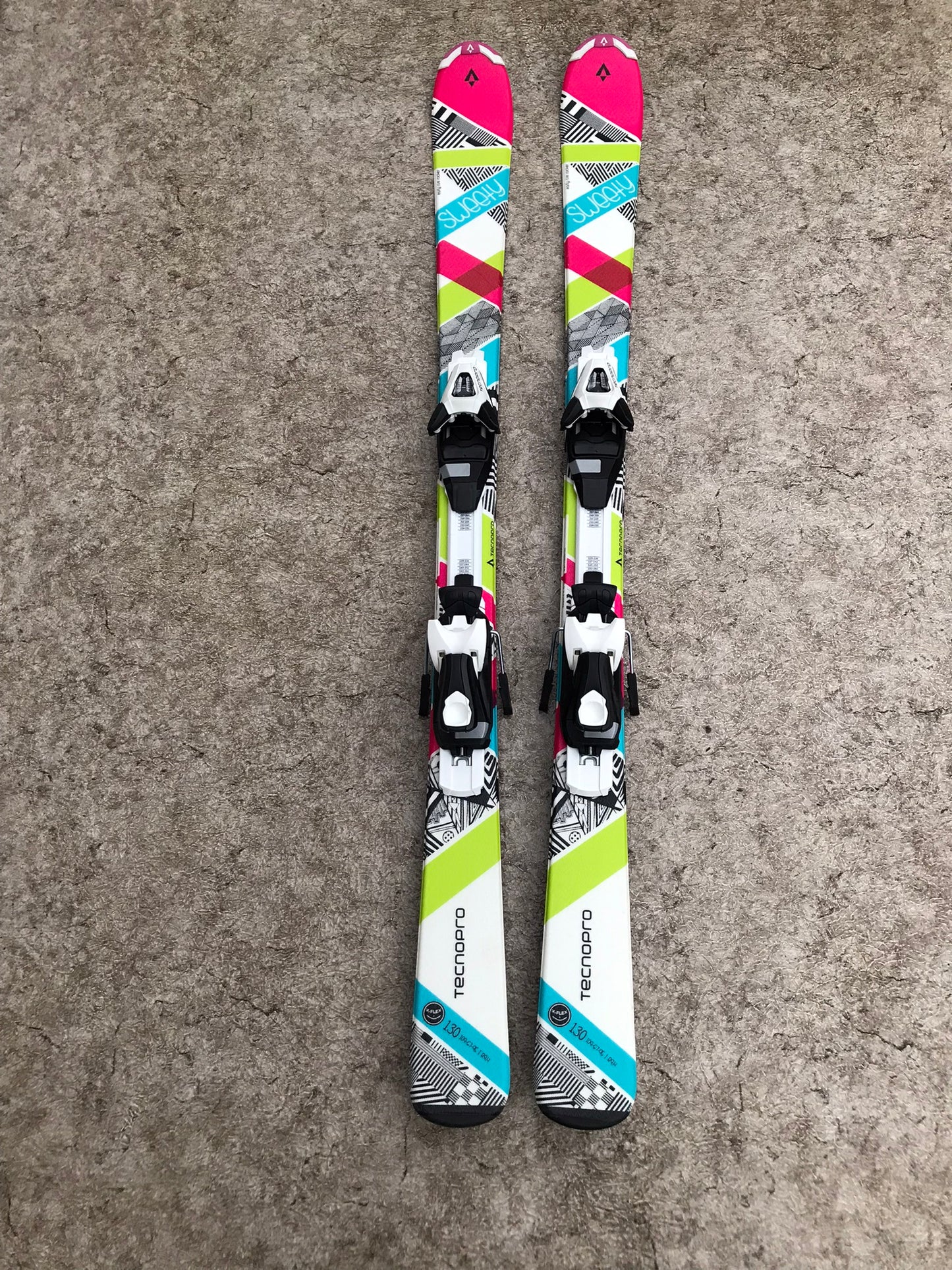 Ski 130 Tecno Pro Sweety Parabolic White Pink Teal Lime With Bindings NEW Demo Model