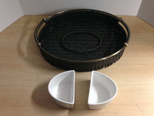 New Summer Ourdoor Patio Large Dark Rattan Serving Tray with Center Dish Set 15 inch