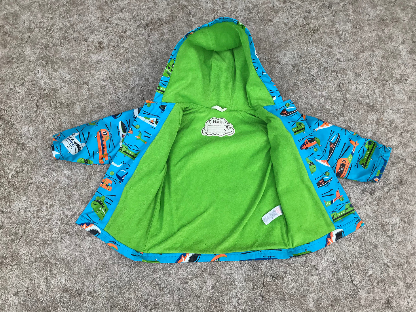 Rain Coat Child Size 4 Hatley Helicopters Blue Lime Excellent