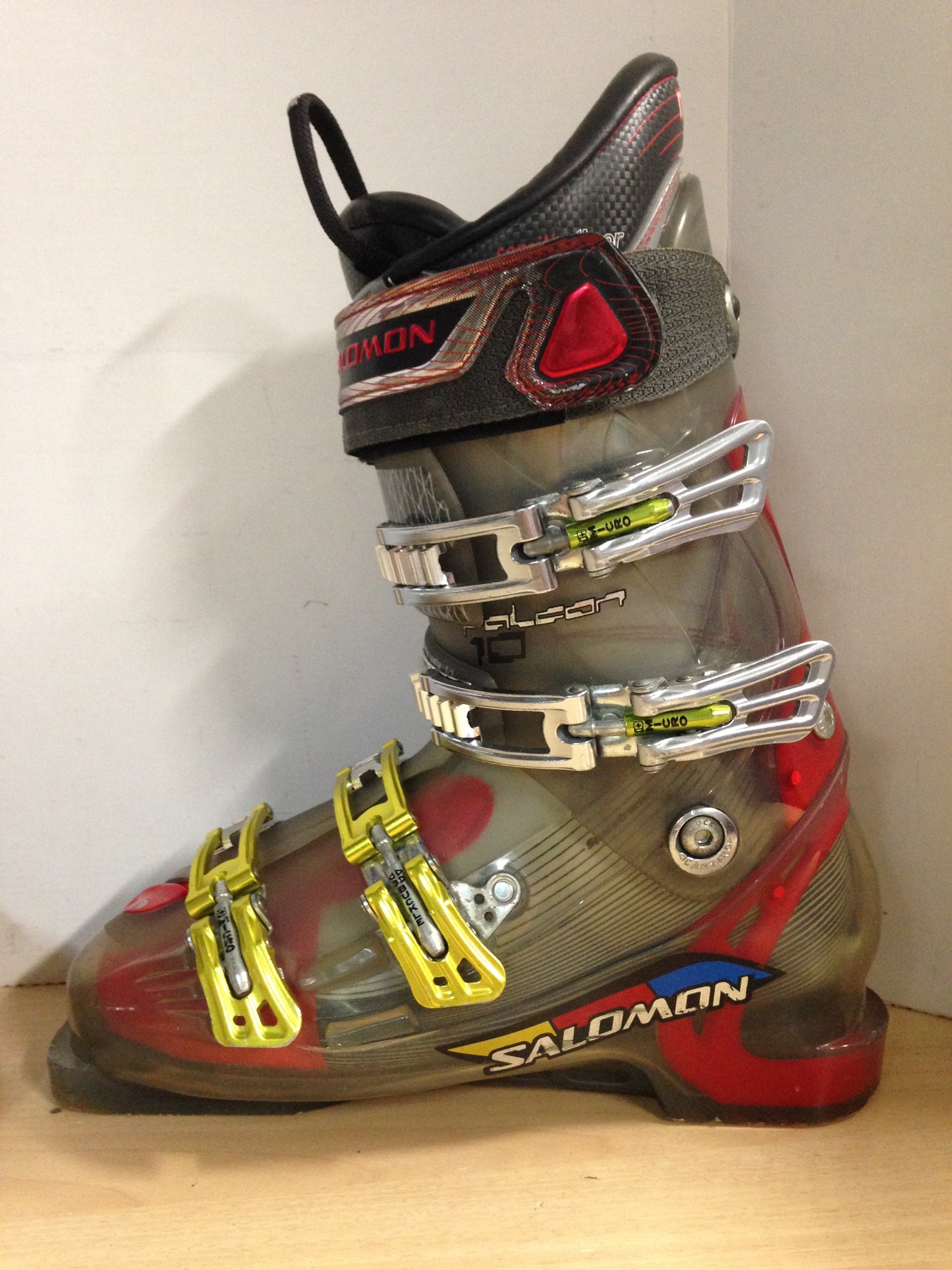 Ski Boots Mondo Size 27.5 Men's Size 9.5 Ladies 10 315 mm Salomon Falcon Red Grey Gold Excellent