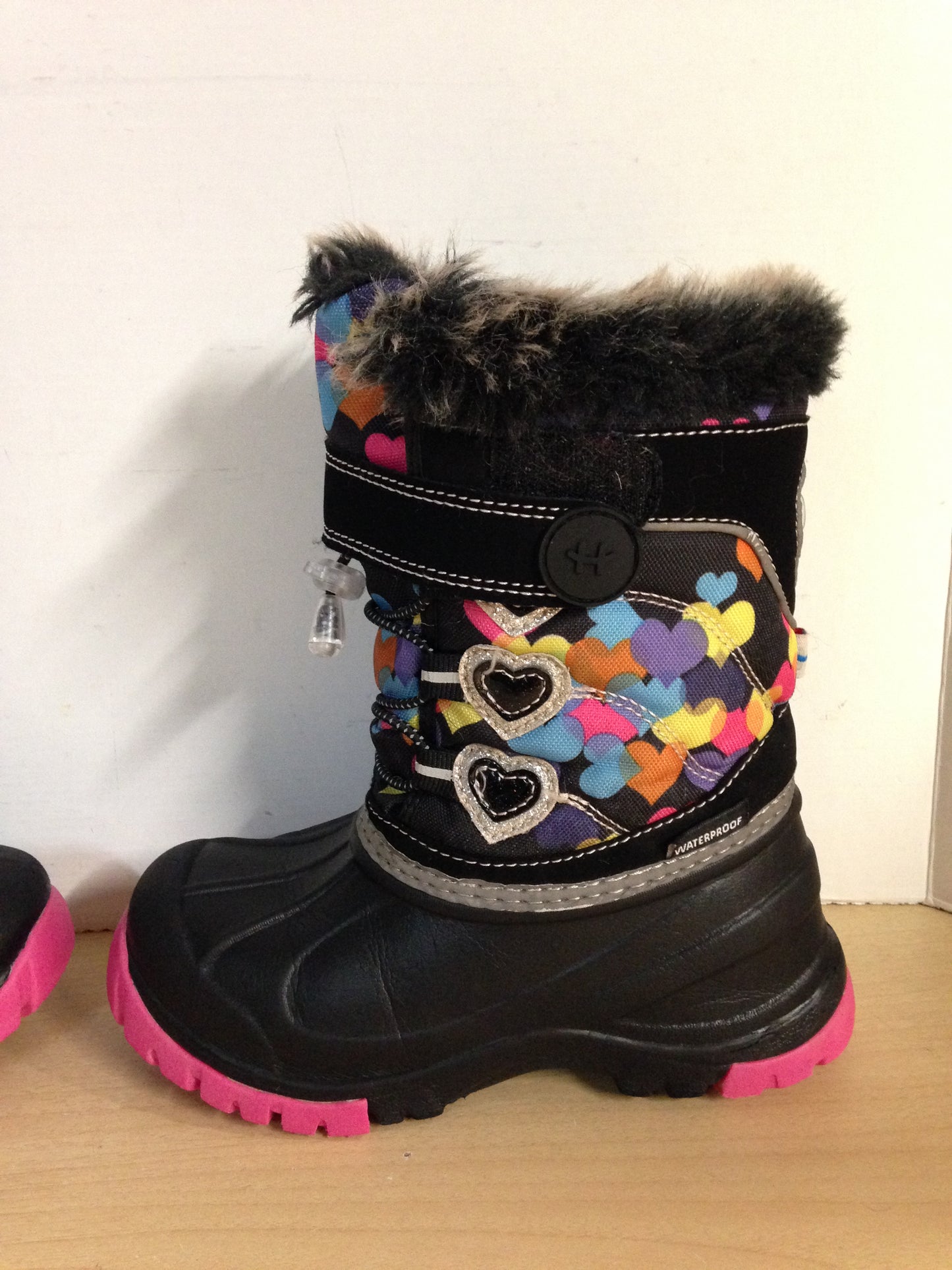 Winter Boots Child Size 12 Waterproof Pink Purple Hearts Faux Fur Excellent